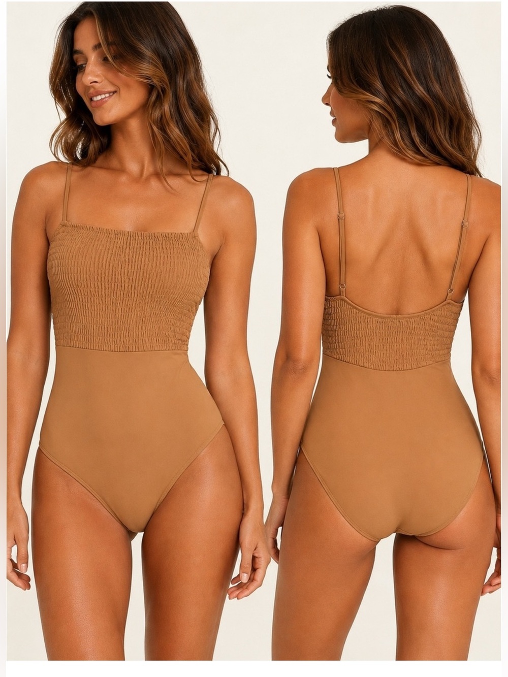 aerie Smocked Square-Neck One-Piece Swimsuit in Camel Brown